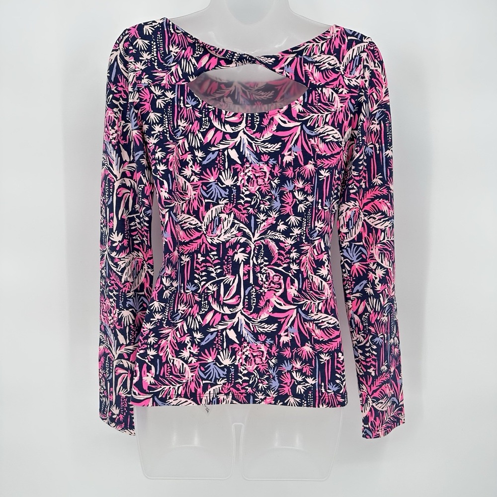Lilly Pulitzer Sz XS Long Sleeve‎ Top Navy Pink Tropical Twist Back Cutout - Picture 4 of 6